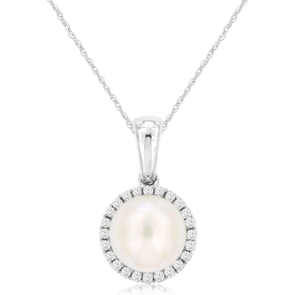 14K White Gold Diamond Halo Pearl Pendant Necklace with Round Pearl and 0.08 Carat Total Diamond Weight - Royal Jewelry