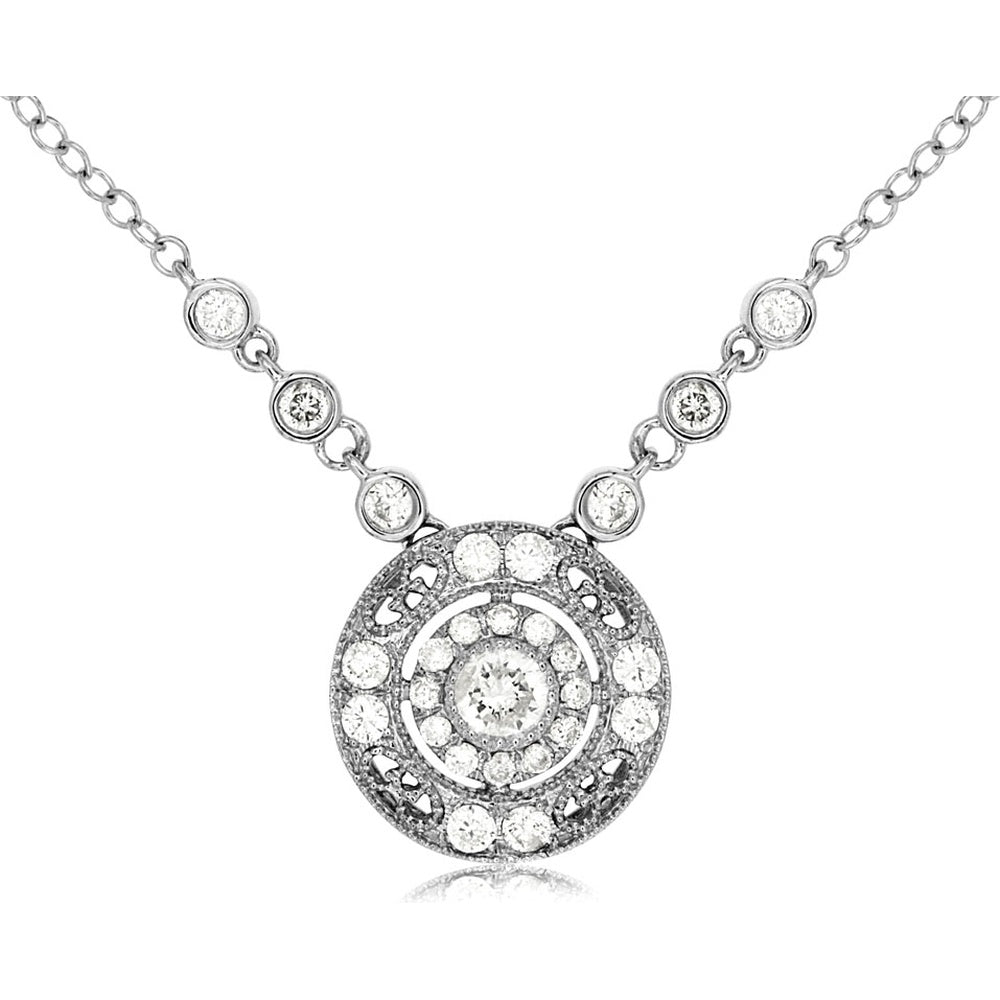 14K White Gold Diamond Halo Pendant Necklace with Bezel-Set Station Chain - 0.40 Carat Total Diamond Weight - Royal Jewelry