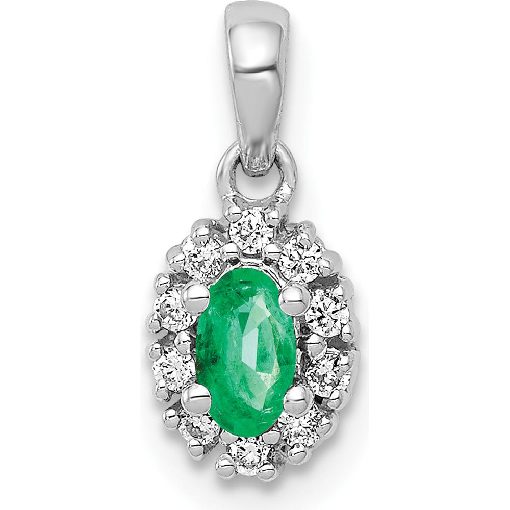 14K White Gold Diamond Halo Pendant with Oval Emerald - 0.3 Carat Emerald, 0.10 Carat Total Diamond Weight by Lumare Gioia