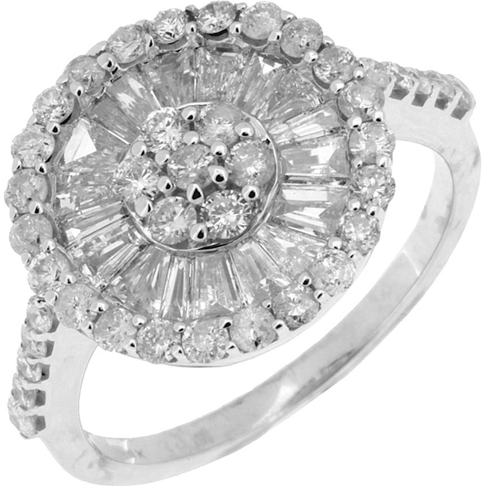 14K White Gold Diamond Halo Ring with Baguette and Round Diamonds - 1.48 Carats Total Diamond Weight