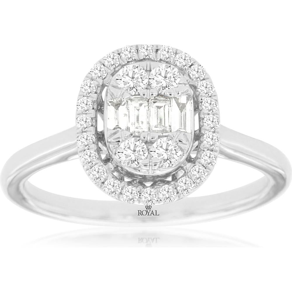 14K White Gold Diamond Halo Ring with Emerald Cut Center Diamond - 0.50 Carats Total Diamond Weight