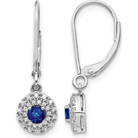 14K White Gold Diamond Halo Sapphire Leverback Dangle Earrings - 0.4 Carat Total Sapphire Weight, 0.007 Carat Total Diamond Weight by Monteluci Fine Jewelry