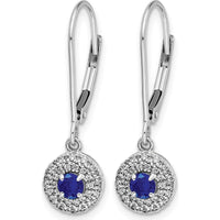 14K White Gold Diamond Halo Sapphire Leverback Dangle Earrings - 0.4 Carat Total Sapphire Weight, 0.007 Carat Total Diamond Weight by Monteluci Fine Jewelry