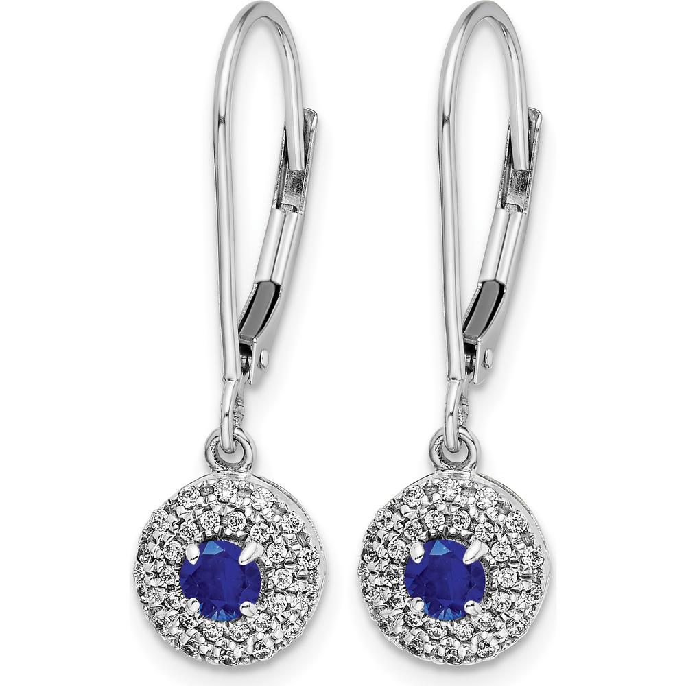 14K White Gold Diamond Halo Sapphire Leverback Dangle Earrings - 0.4 Carat Total Sapphire Weight, 0.007 Carat Total Diamond Weight by Monteluci Fine Jewelry