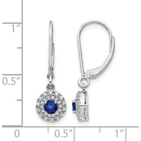 14K White Gold Diamond Halo Sapphire Leverback Dangle Earrings - 0.4 Carat Total Sapphire Weight, 0.007 Carat Total Diamond Weight by Monteluci Fine Jewelry