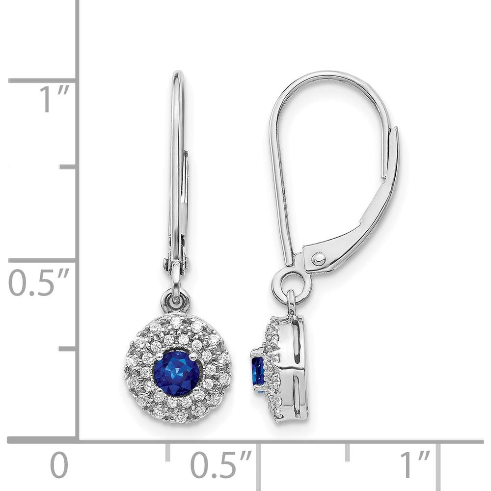 14K White Gold Diamond Halo Sapphire Leverback Dangle Earrings - 0.4 Carat Total Sapphire Weight, 0.007 Carat Total Diamond Weight by Monteluci Fine Jewelry