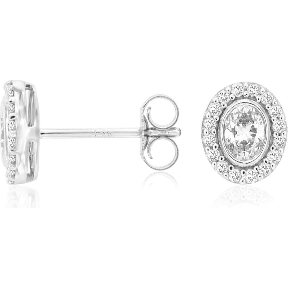 14K White Gold Diamond Halo Stud Earrings with Oval Center Style - 0.45 Carat Total Diamond Weight - Royal Jewelry