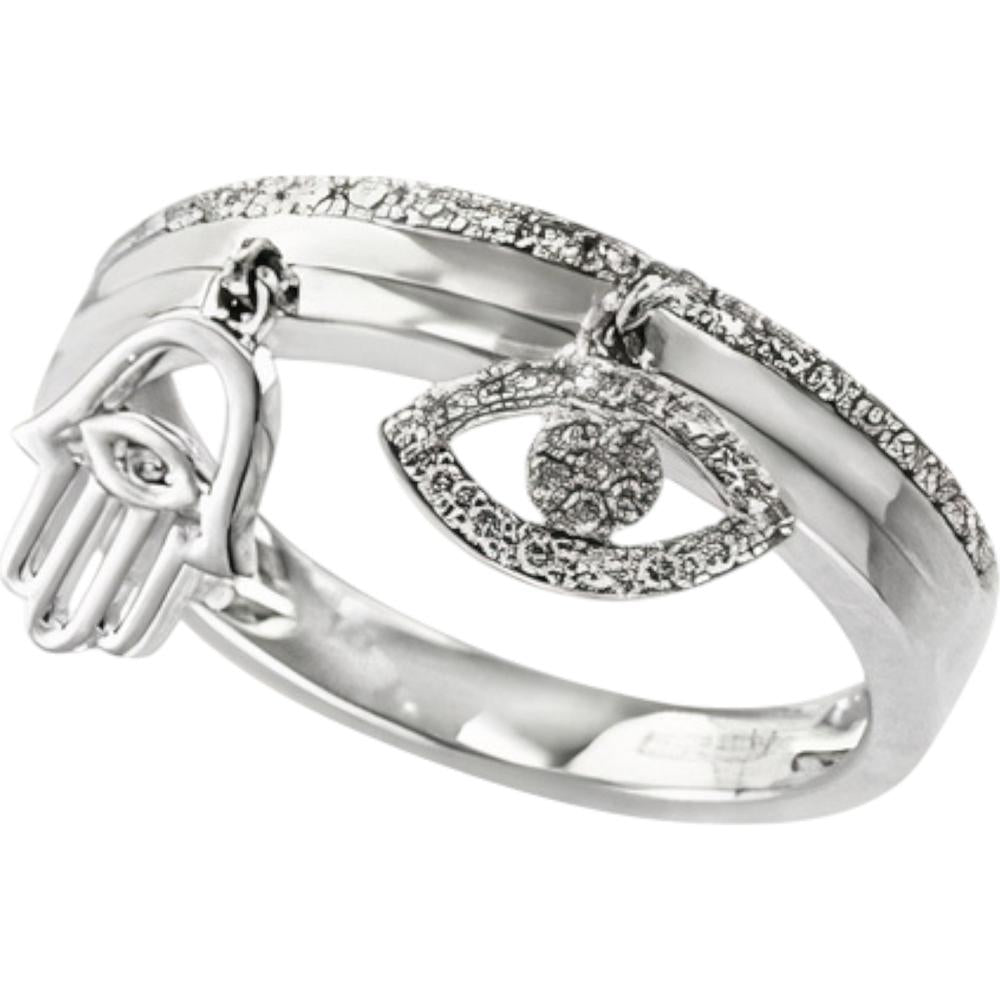 14K White Gold Diamond Hamsa and Evil Eye Charm Ring - 0.23 Carat Total Diamond Weight