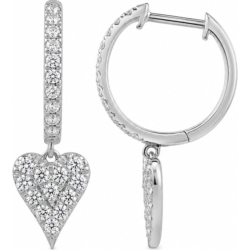 14K White Gold Diamond Heart Drop Hoop Earrings with Pavé Setting - 0.53 Carat Total Diamond Weight by Auriventus