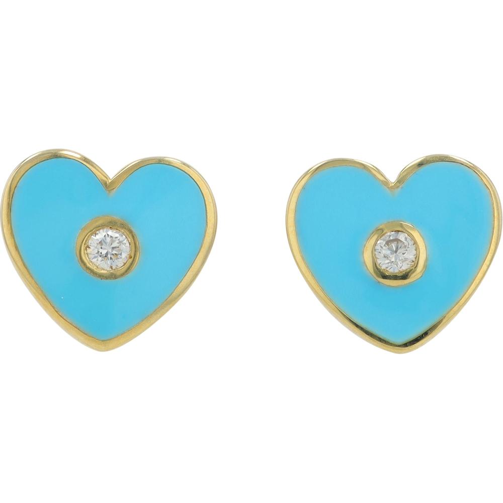 14K White Gold Diamond Heart Earrings with Blue Enamel - 0.06 Carat Total Diamond Weight