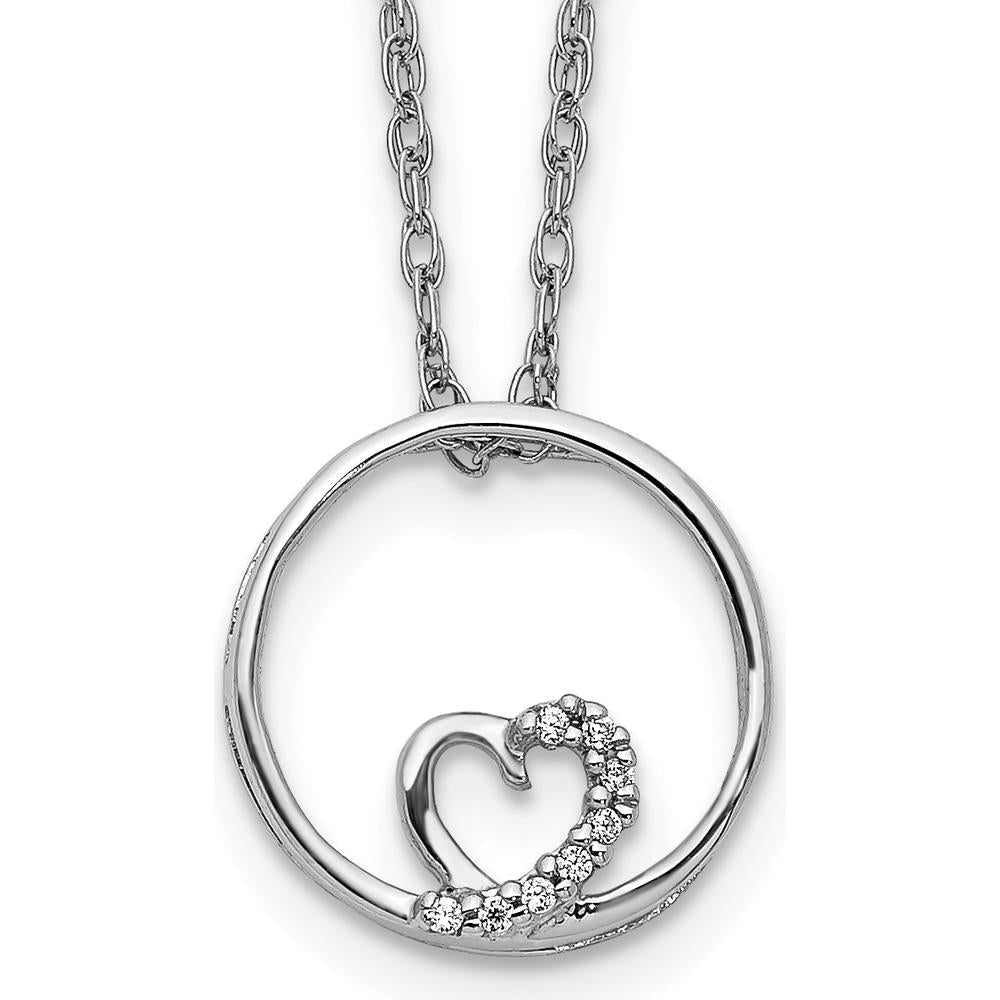 14K White Gold Diamond Heart in Circle Pendant Necklace - 0.02 Carat Total Diamond Weight by Monteluci Fine Jewelry