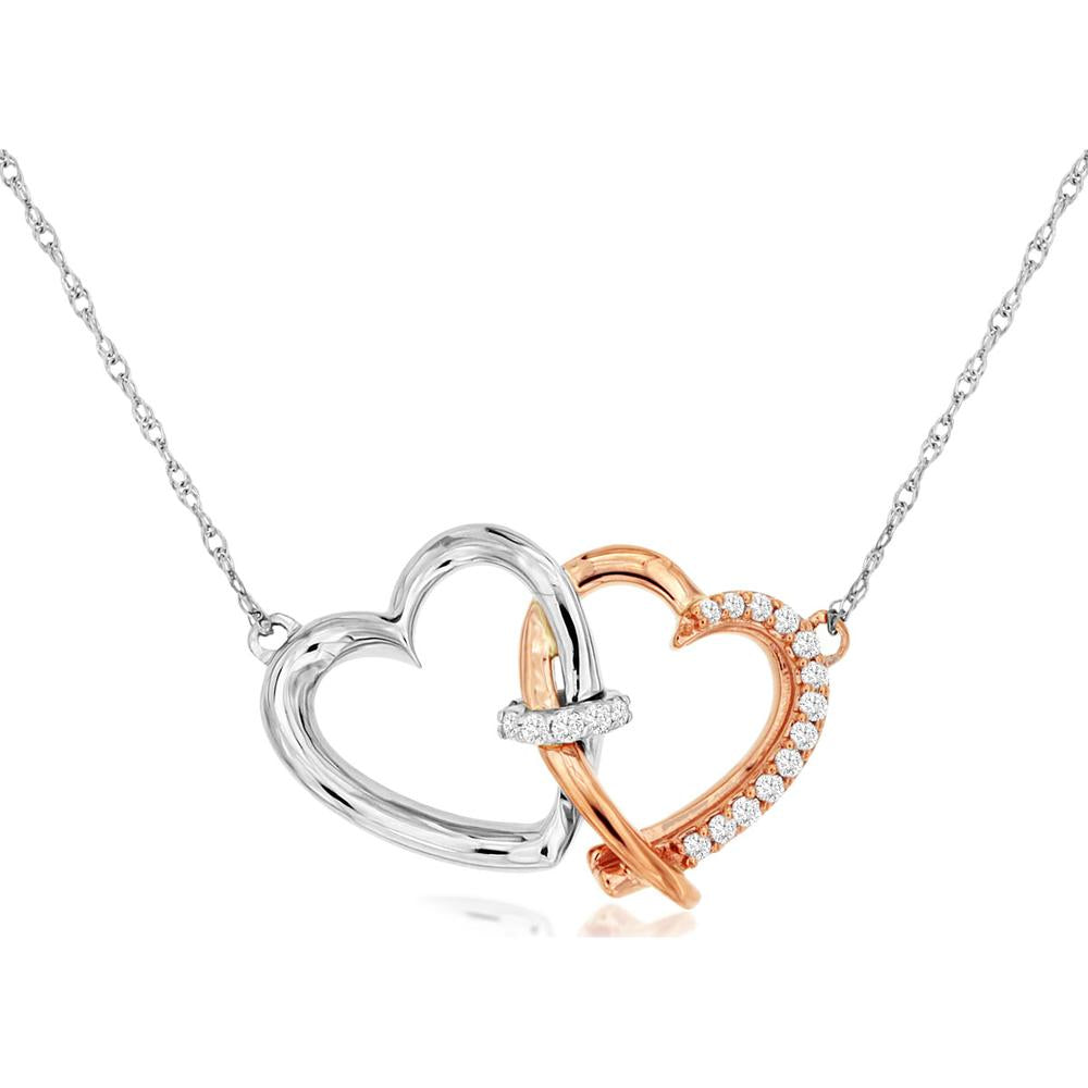 14K White Gold Diamond Heart Necklace with Rose Gold Accents - 0.11 Carats Total Diamond Weight