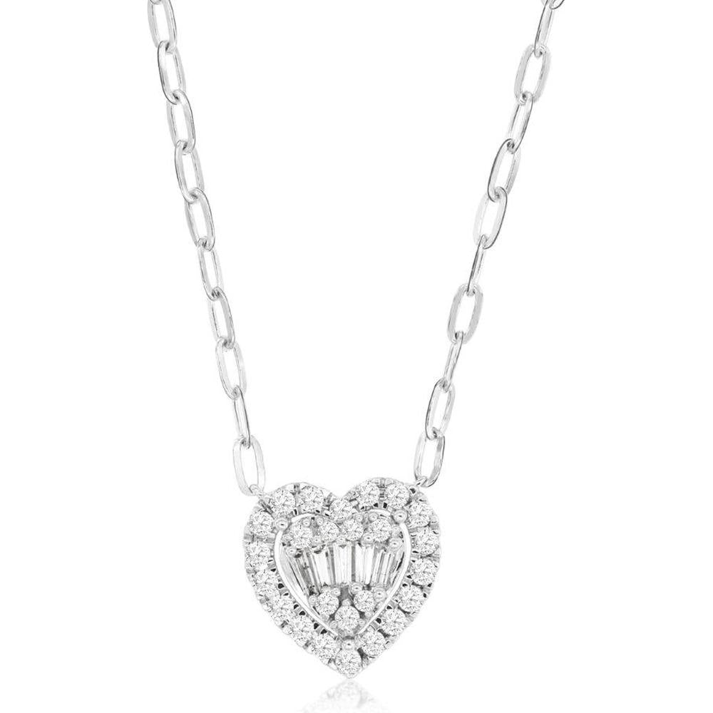 14K White Gold Diamond Heart Pendant Necklace with Round and Baguette Diamonds - 0.50 Carats Total Diamond Weight