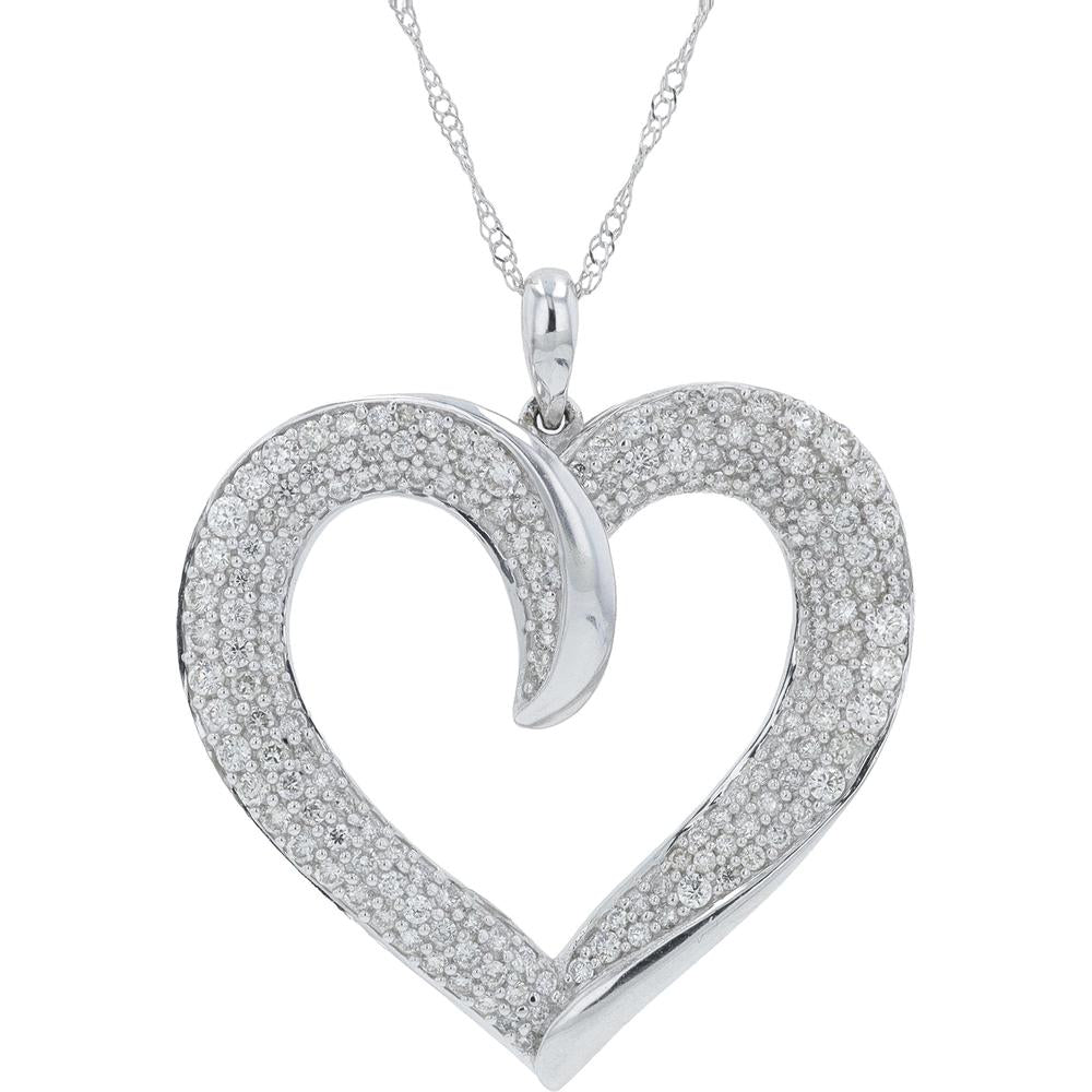 14K White Gold Diamond Heart Pendant with 1.00 Carat Total Diamond Weight