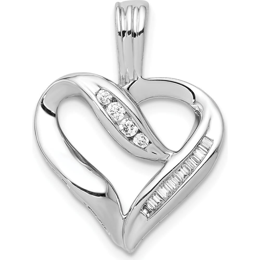 14K White Gold Diamond Heart Pendant with Round and Baguette Diamonds - 0.07 Carat Total Diamond Weight by Monteluci Fine Jewelry