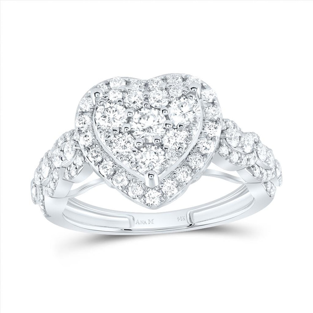 14K White Gold Diamond Heart Ring - 1 1/3 Carat Total Diamond Weight
