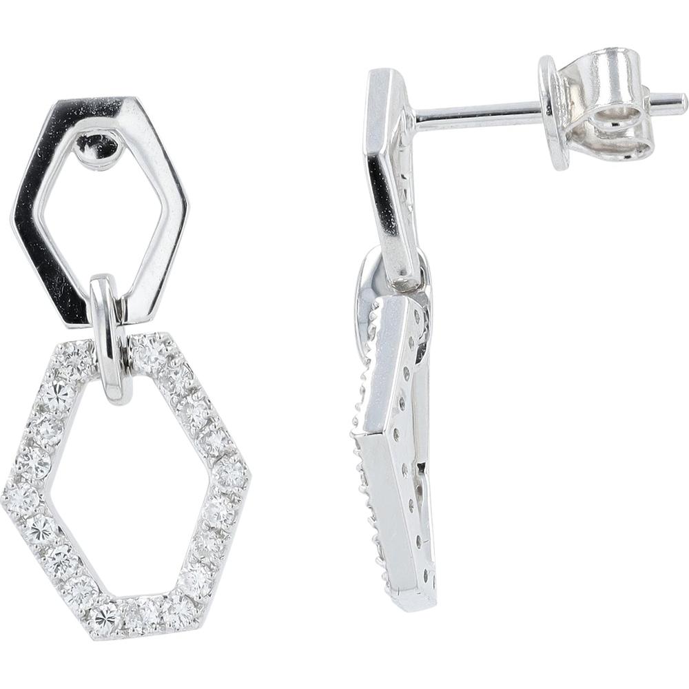 14K White Gold Diamond Hexagon Earrings with Pavé Set Round Diamonds - 0.38 Carat Total Diamond Weight