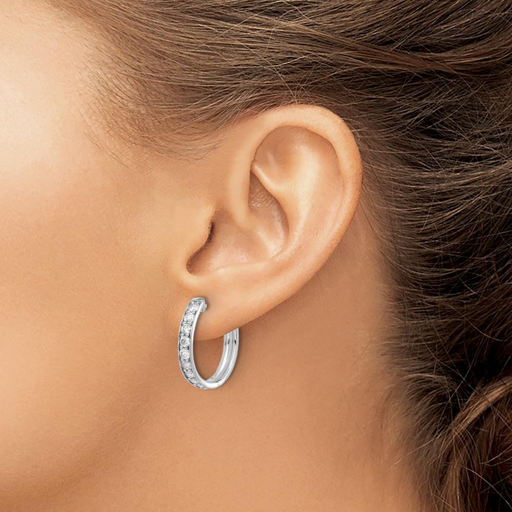 14K White Gold Diamond Hinged Hoop Earrings with 18 Round Diamonds - 0.07 Carat Total Diamond Weight by Monteluci Fine Jewelry