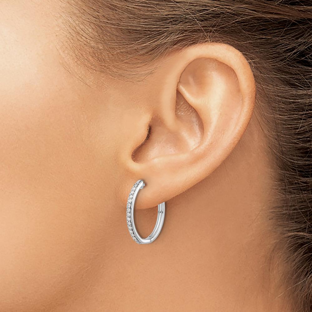 14K White Gold Diamond Hinged Hoop Earrings with 32 Round Diamonds - 0.008 Carat Total Diamond Weight by Monteluci Fine Jewelry