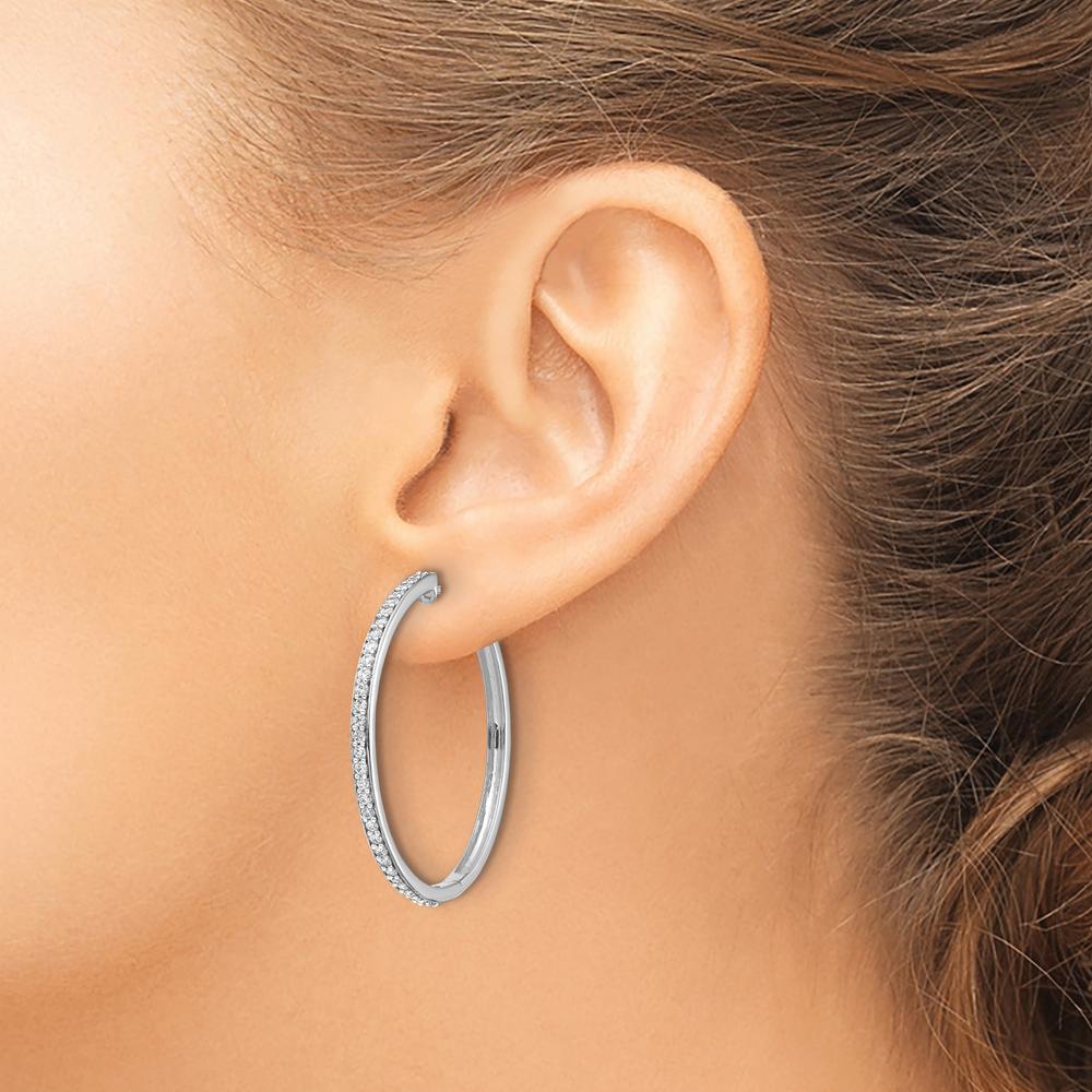 14K White Gold Diamond Hinged Hoop Earrings with 62 Round Diamonds - 0.012 Carat Total Diamond Weight by Monteluci Fine Jewelry
