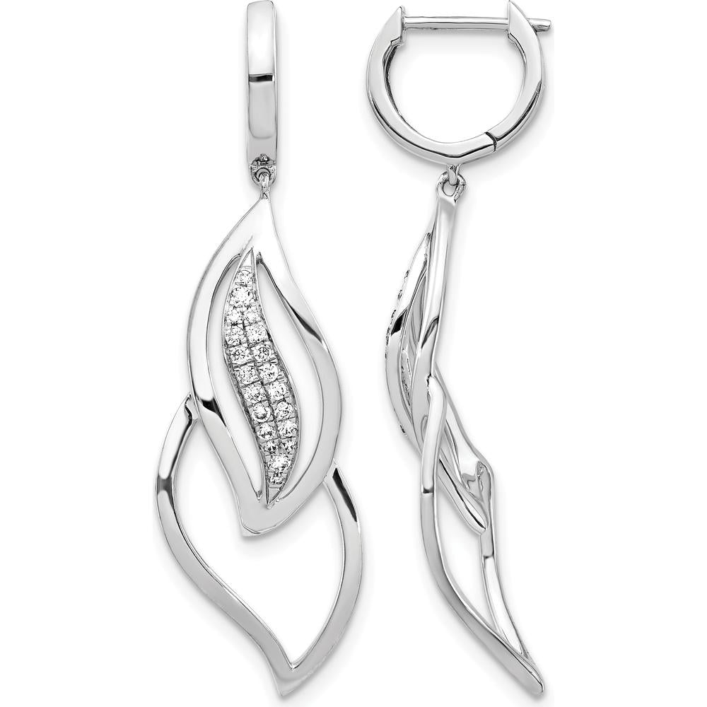 14K White Gold Diamond Hinged Hoop Leaf Design Dangle Earrings - 0.02 Carat Total Diamond Weight by Monteluci Fine Jewelry