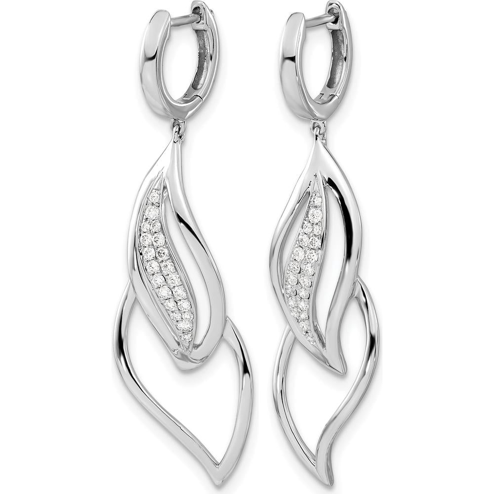 14K White Gold Diamond Hinged Hoop Leaf Design Dangle Earrings - 0.02 Carat Total Diamond Weight by Monteluci Fine Jewelry