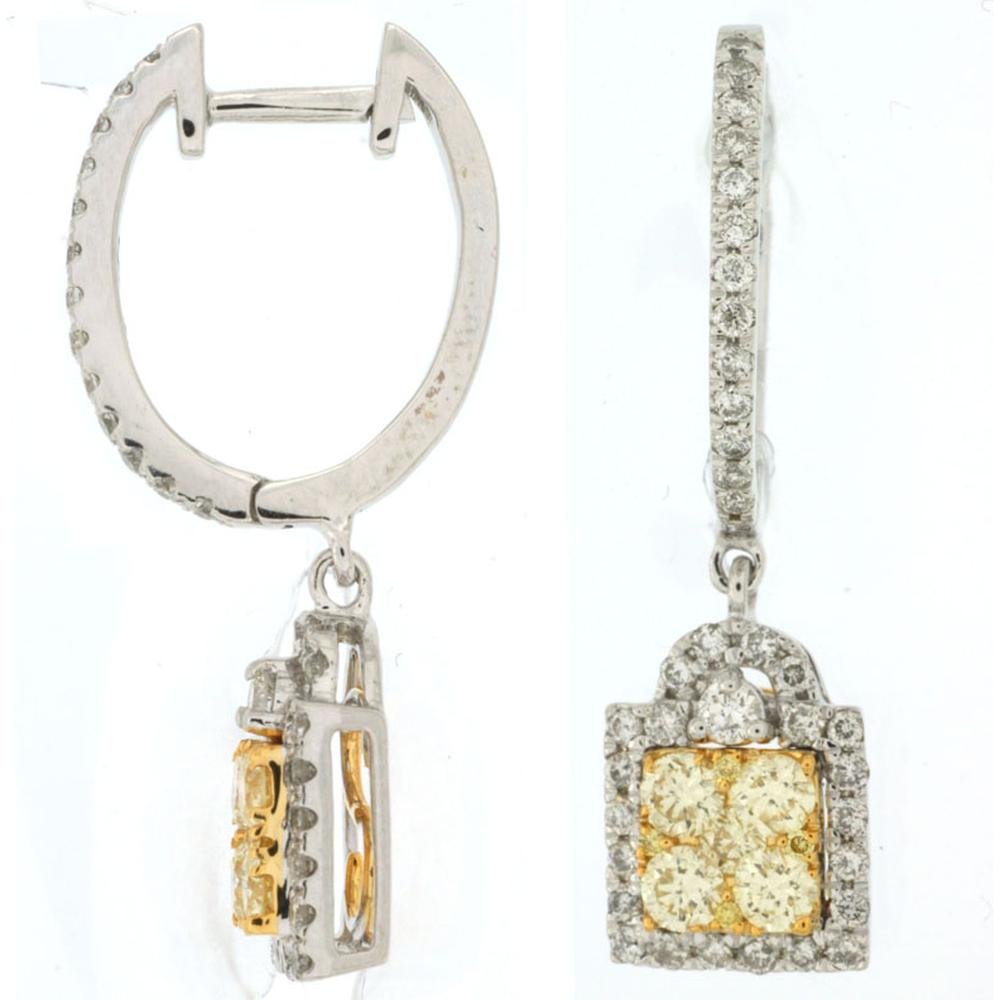 14K White Gold Diamond Hoop Drop Earrings with 0.60 Carat Yellow Diamond Cluster and 0.58 Carat White Diamond Halo – Total 1.18 Carat - Royal Jewelry