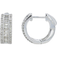 14K White Gold Diamond Hoop Earrings with Baguette and Round Cut Diamonds - 1.00 Carat Total Diamond Weight