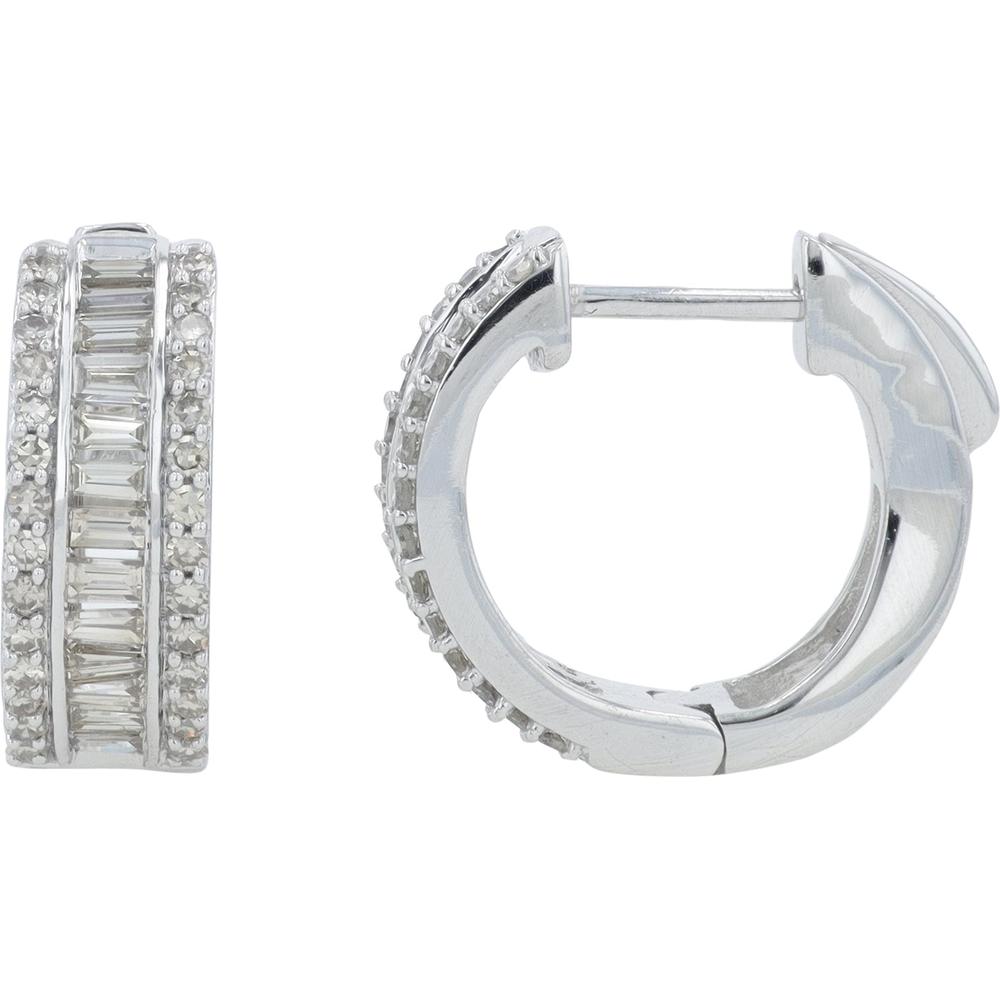 14K White Gold Diamond Hoop Earrings with Baguette and Round Cut Diamonds - 1.00 Carat Total Diamond Weight