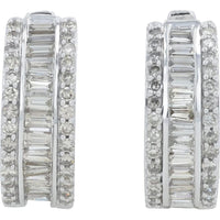 14K White Gold Diamond Hoop Earrings with Baguette and Round Cut Diamonds - 1.00 Carat Total Diamond Weight