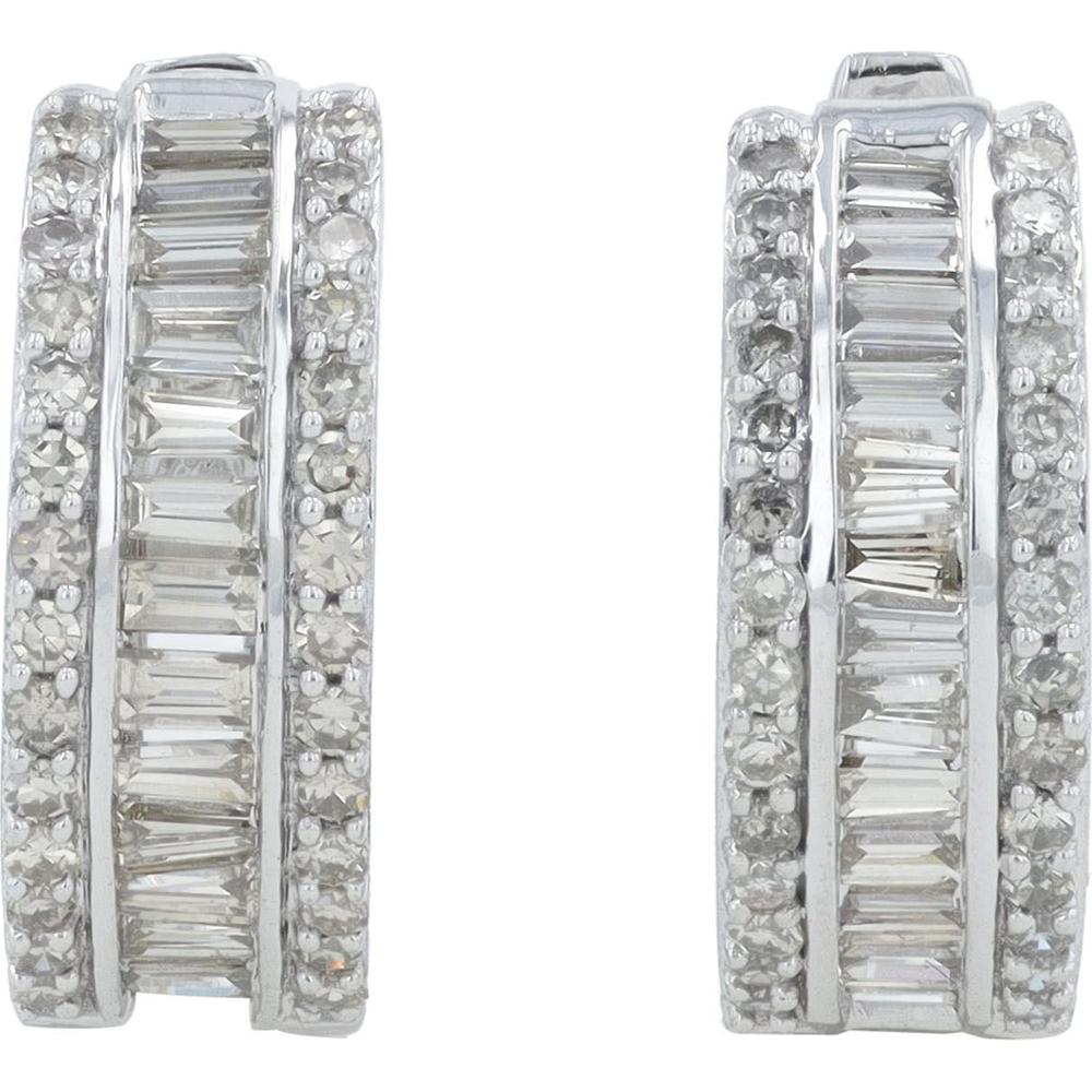 14K White Gold Diamond Hoop Earrings with Baguette and Round Cut Diamonds - 1.00 Carat Total Diamond Weight