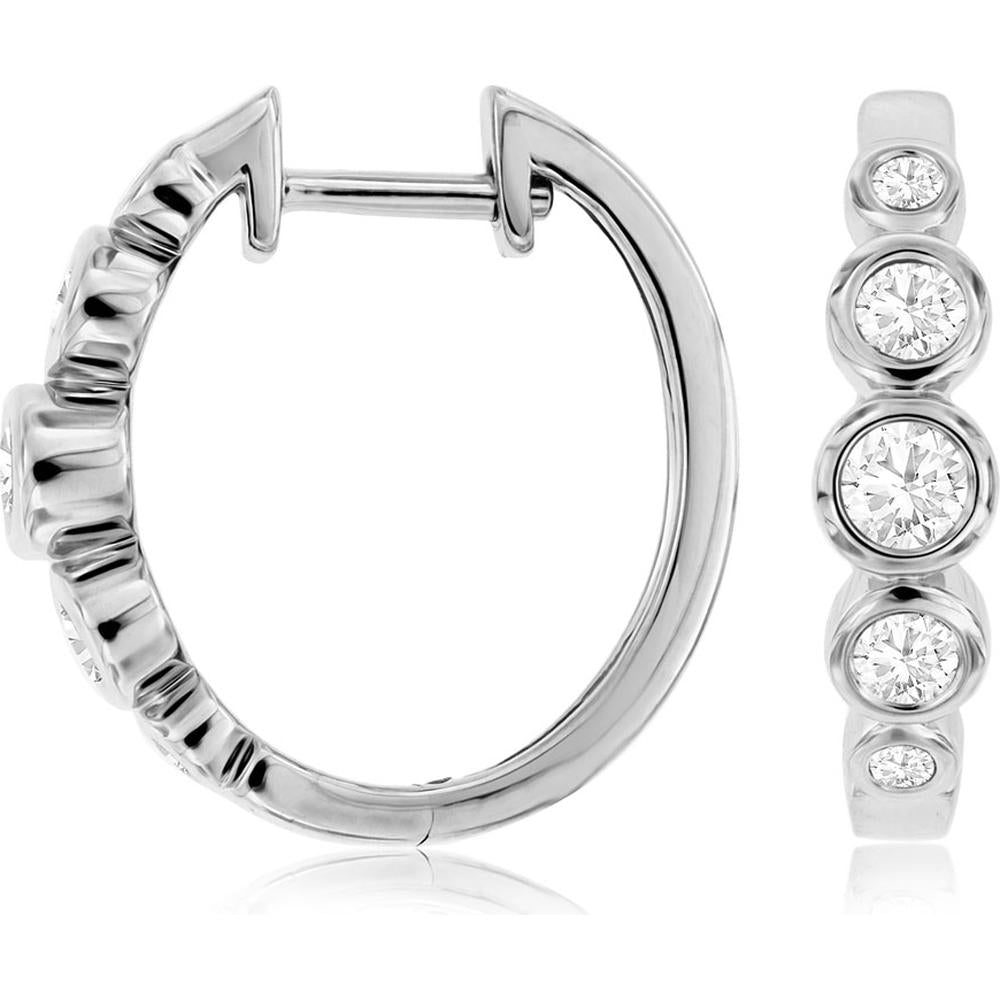 14K White Gold Diamond Hoop Earrings with Bezel Set Round Diamonds - 0.52 Carats Total Diamond Weight