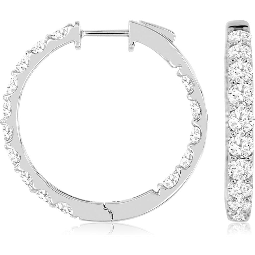 14K White Gold Diamond Hoop Earrings with Channel Set Round Diamonds - 4.00 Carats Total Diamond Weight