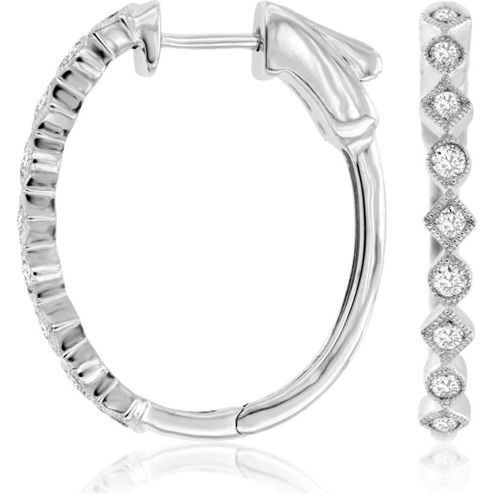 14K White Gold Diamond Hoop Earrings with Pave Set Diamonds - 0.52 Carats Total Diamond Weight