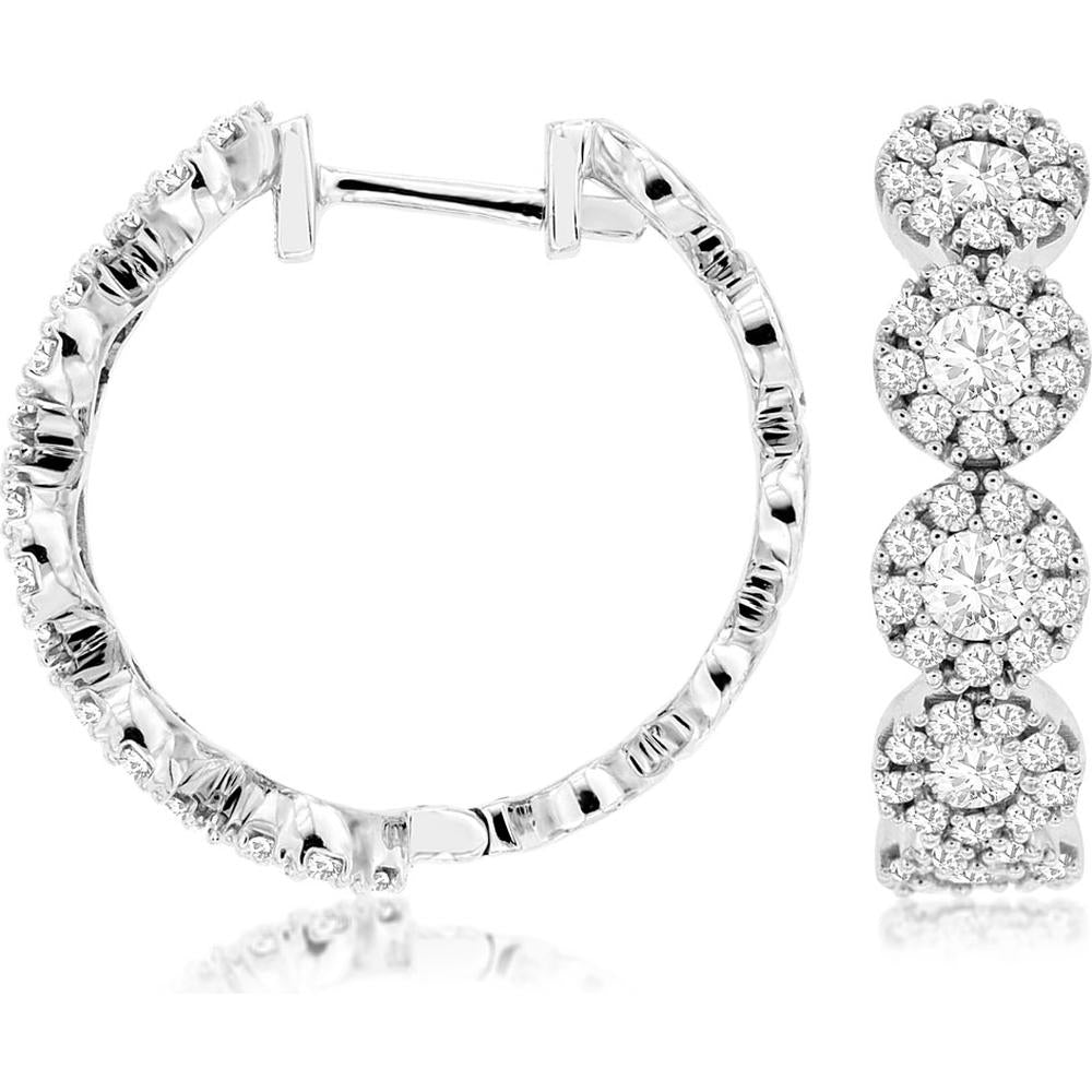 14K White Gold Diamond Hoop Earrings with Round Brilliant-Cut Diamonds - 1.38 Carats Total Diamond Weight