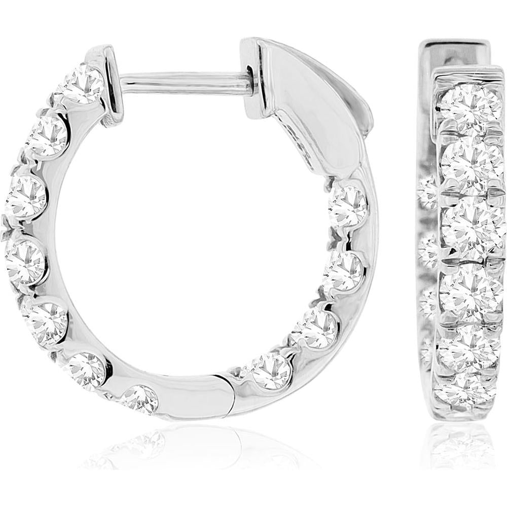 14K White Gold Diamond Hoop Earrings with Round Cut Diamonds - 1.50 Carats Total Diamond Weight