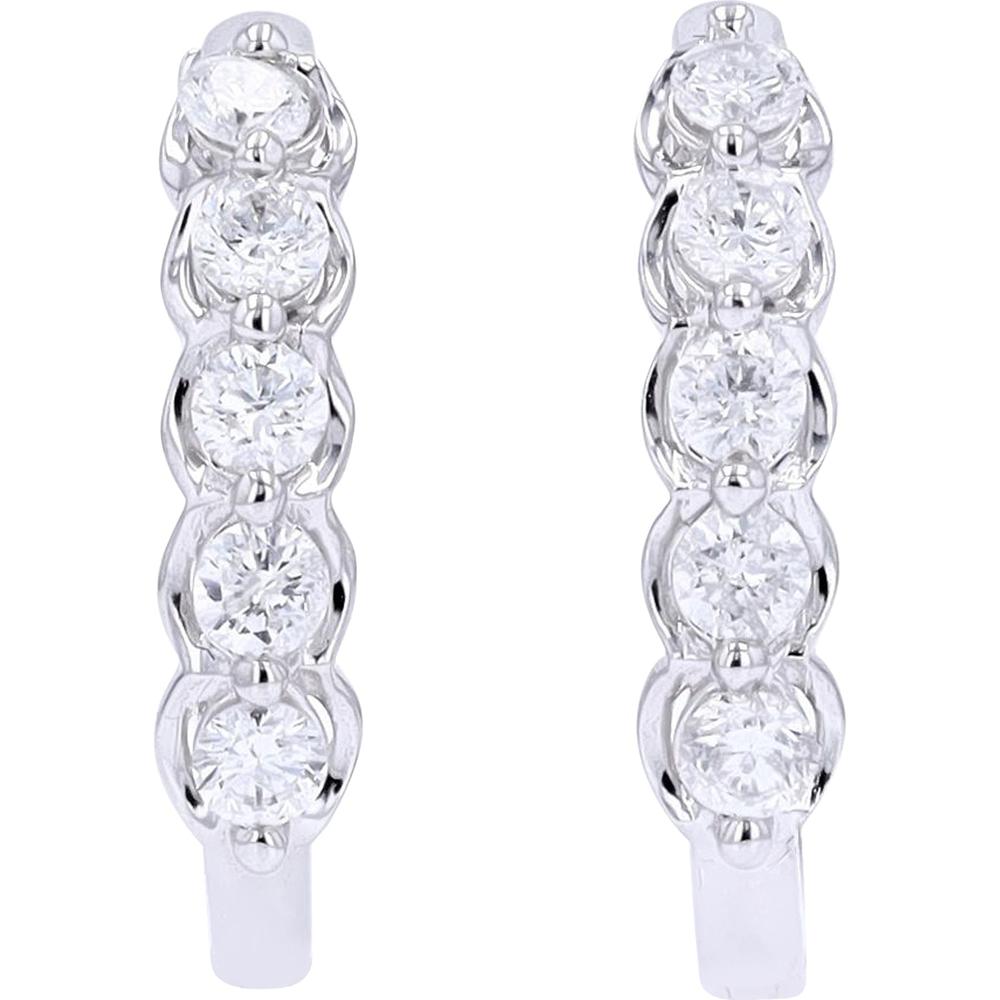 14K White Gold Diamond Hoop Earrings with Round Diamonds - 1.00 Carat Total Diamond Weight