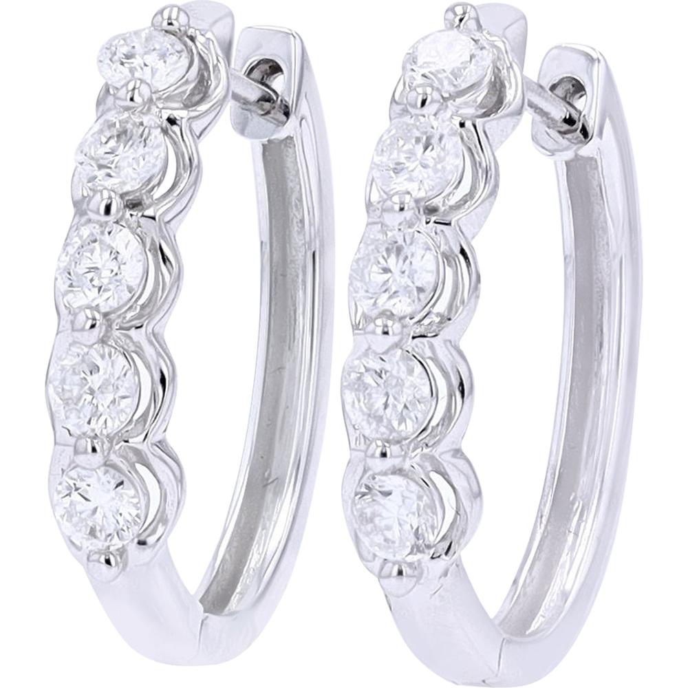14K White Gold Diamond Hoop Earrings with Round Diamonds - 1.00 Carat Total Diamond Weight
