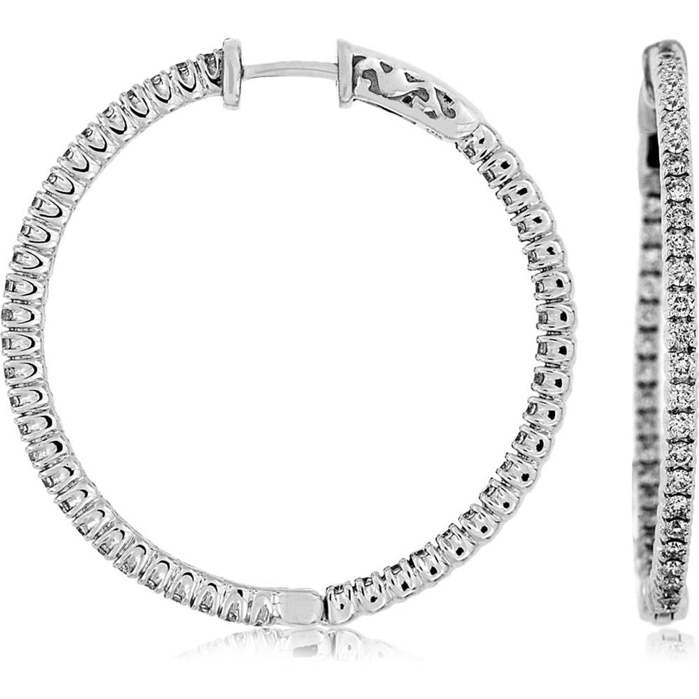 14K White Gold Diamond Hoop Earrings with Round Diamonds - 1.50 Carats Total Diamond Weight