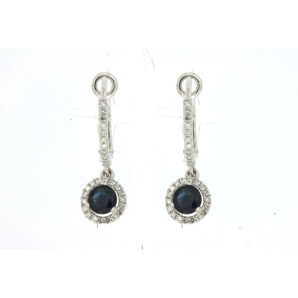 14K White Gold Diamond Huggie Drop Earrings with Round Sapphire Halo Drops - 0.90 Carat Total Sapphire Weight, 0.24 Carat Total Diamond Weight - Royal Jewelry