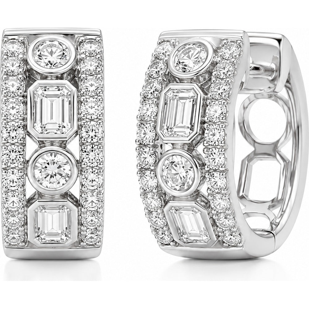 14K White Gold Diamond Huggie Earrings with Alternating Round and Baguette Diamonds - 1.11 Carat Total Diamond Weight by Auriventus