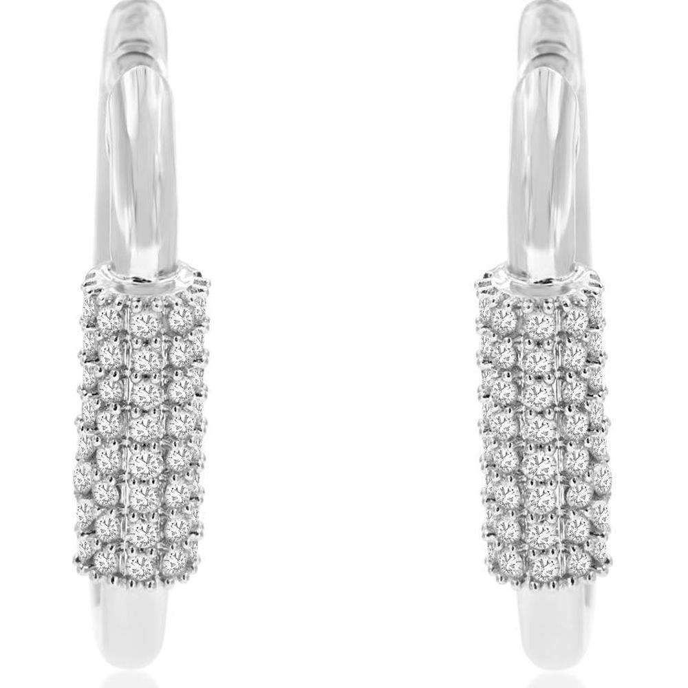 14K White Gold Diamond Huggie Hoop Earrings with Pavé Set Round Diamonds - 0.40 Carat Total Weight - Royal Jewelry