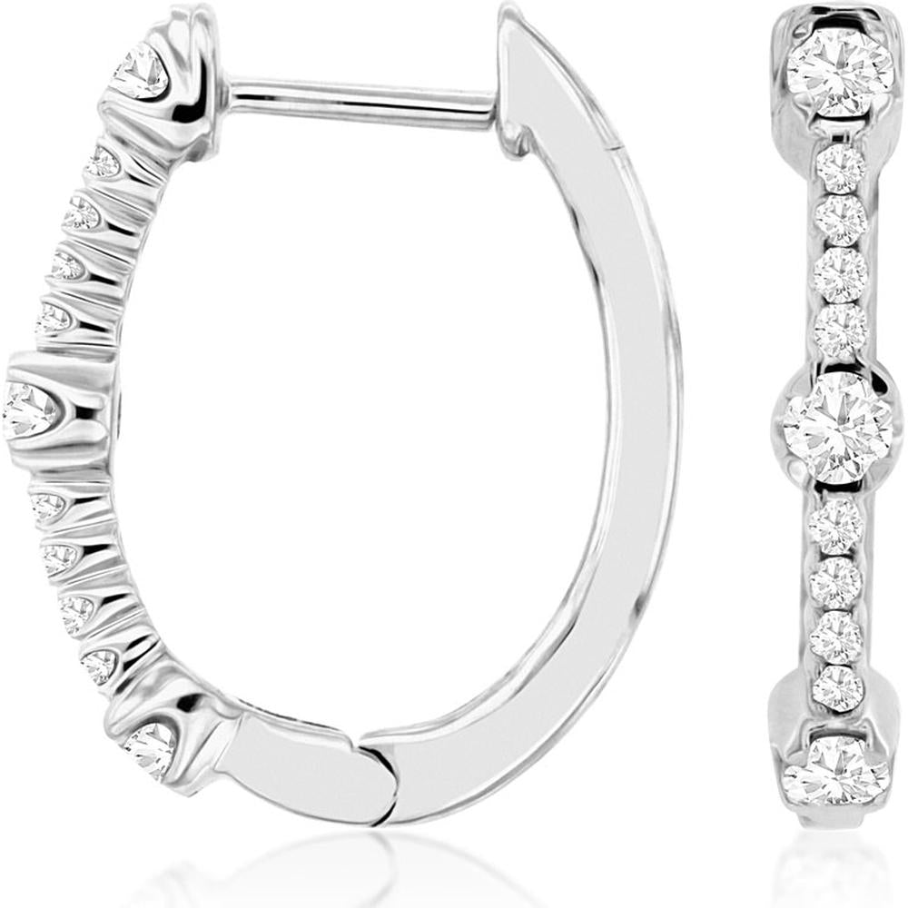 14K White Gold Diamond Huggie Hoop Earrings with Round Diamonds - 0.50 Carat Total Diamond Weight - Royal Jewelry
