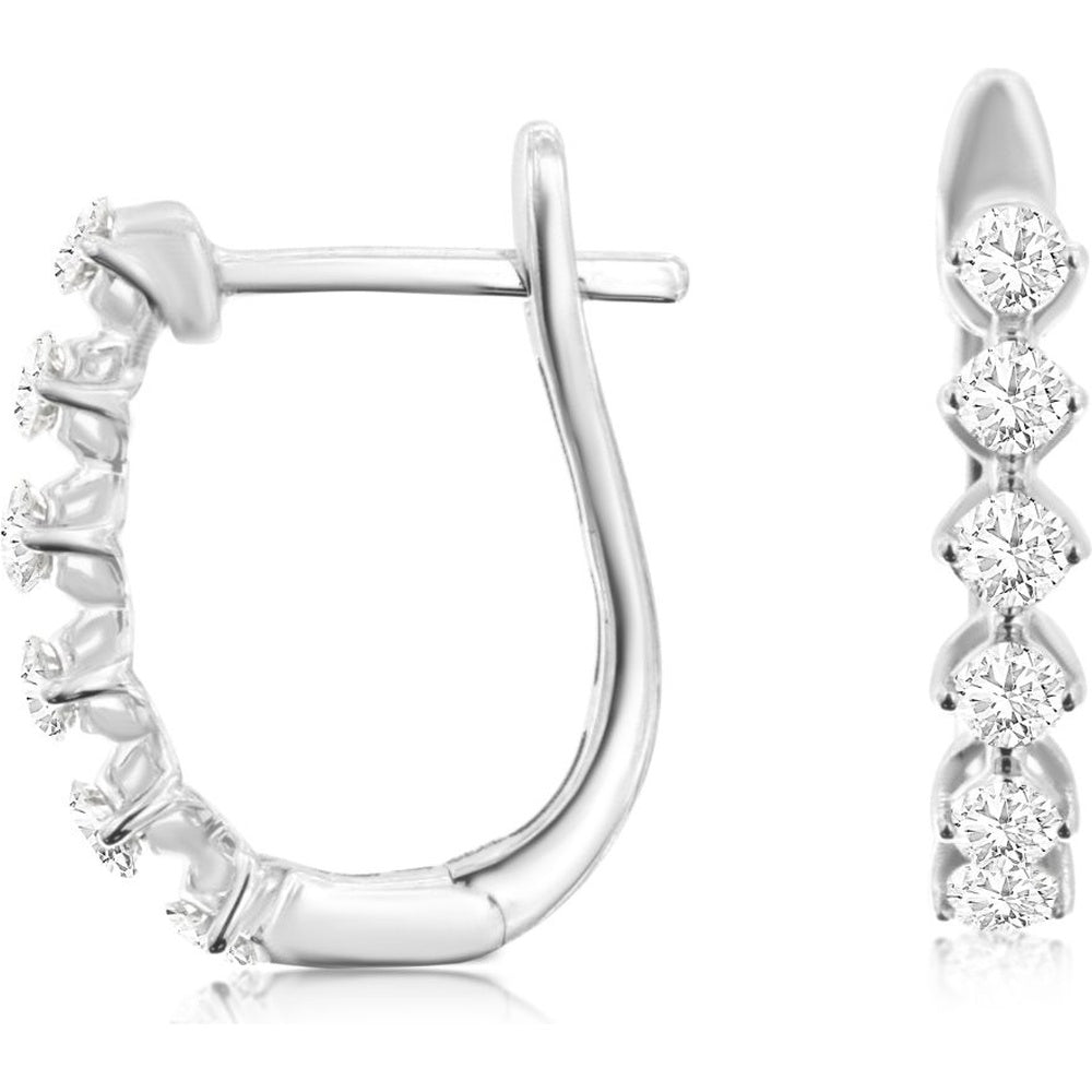 14K White Gold Diamond Huggie Hoop Earrings with Shared-Prong Set Round Brilliant Diamonds - 0.50 Carat Total Diamond Weight - Royal Jewelry
