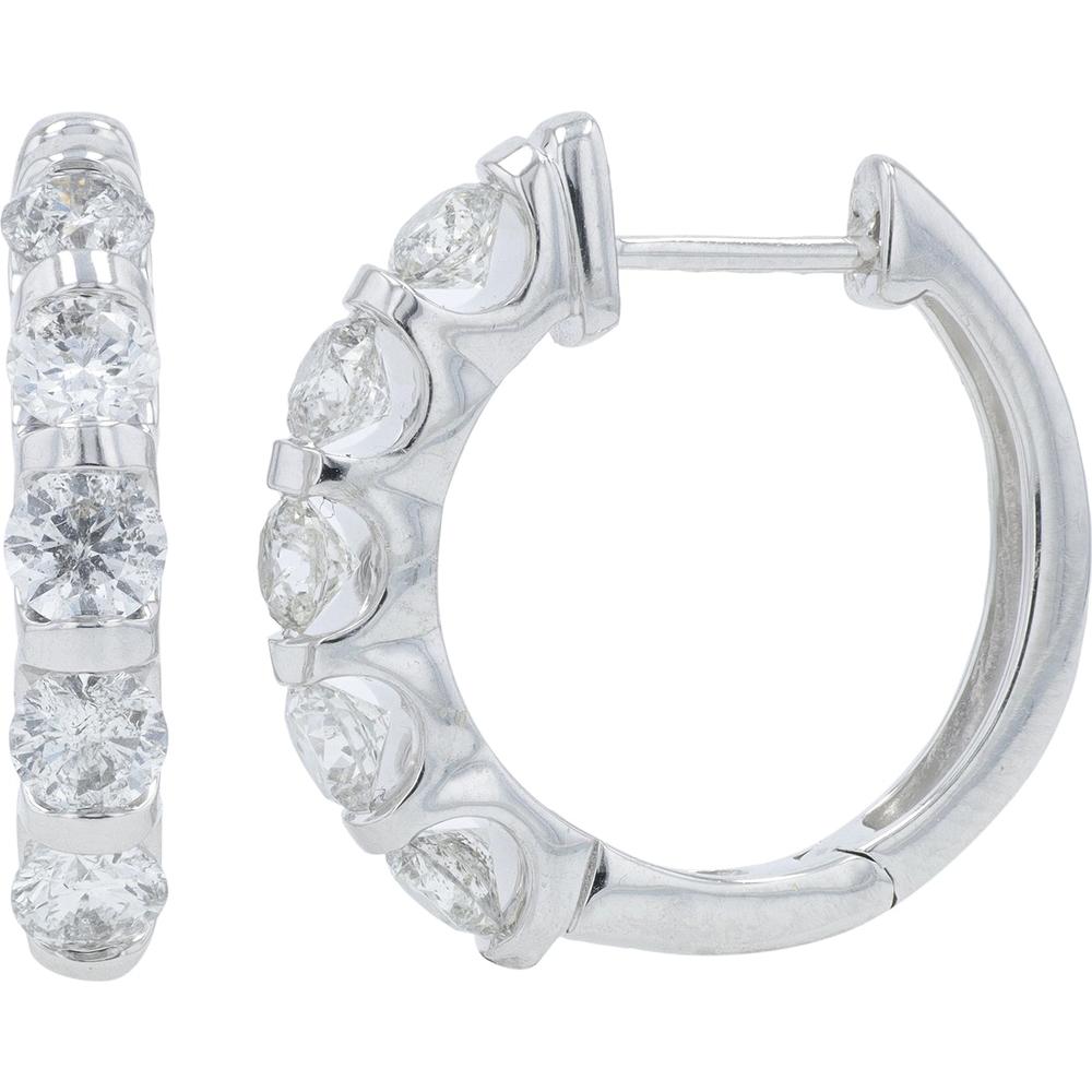 14K White Gold Diamond Huggie Hoops with 2.00 Carat Total Round Diamonds