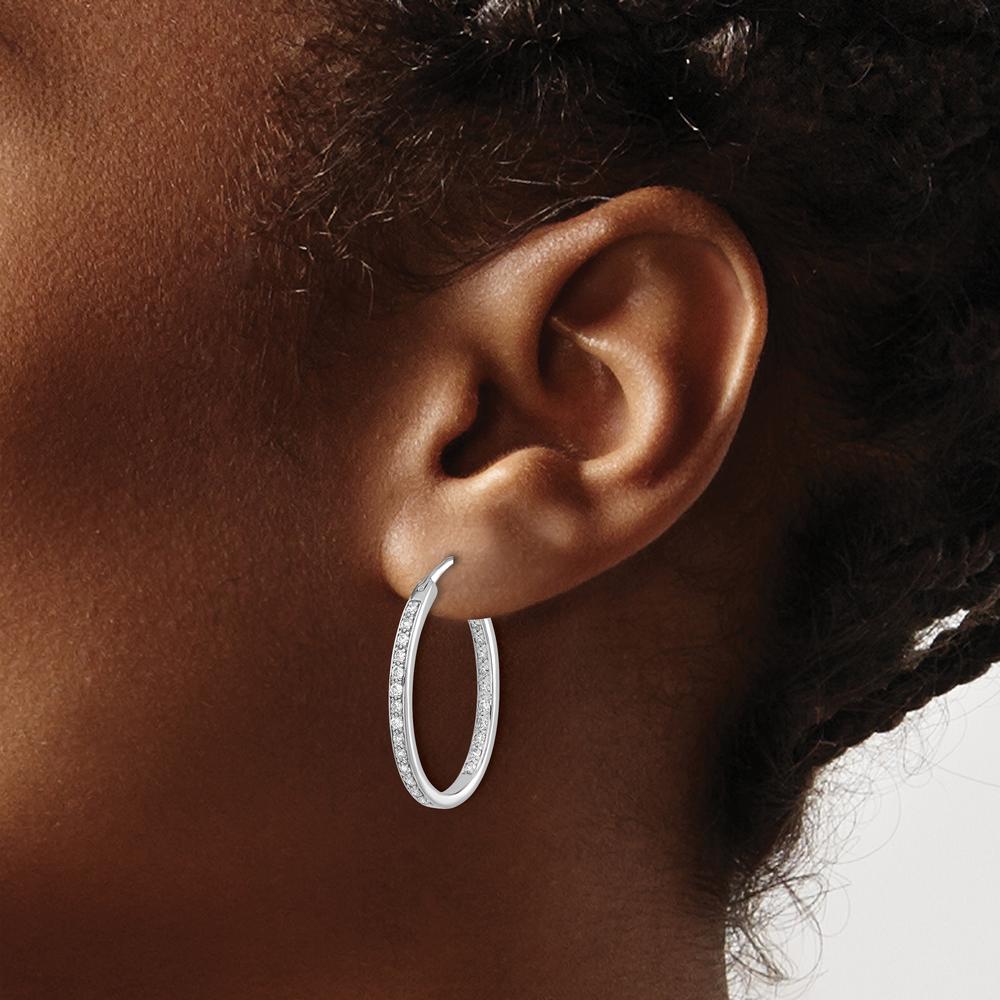 14K White Gold Diamond In/Out Hoop Earrings with 50 Round Diamonds - 0.01 Carat Total Diamond Weight by Monteluci Fine Jewelry