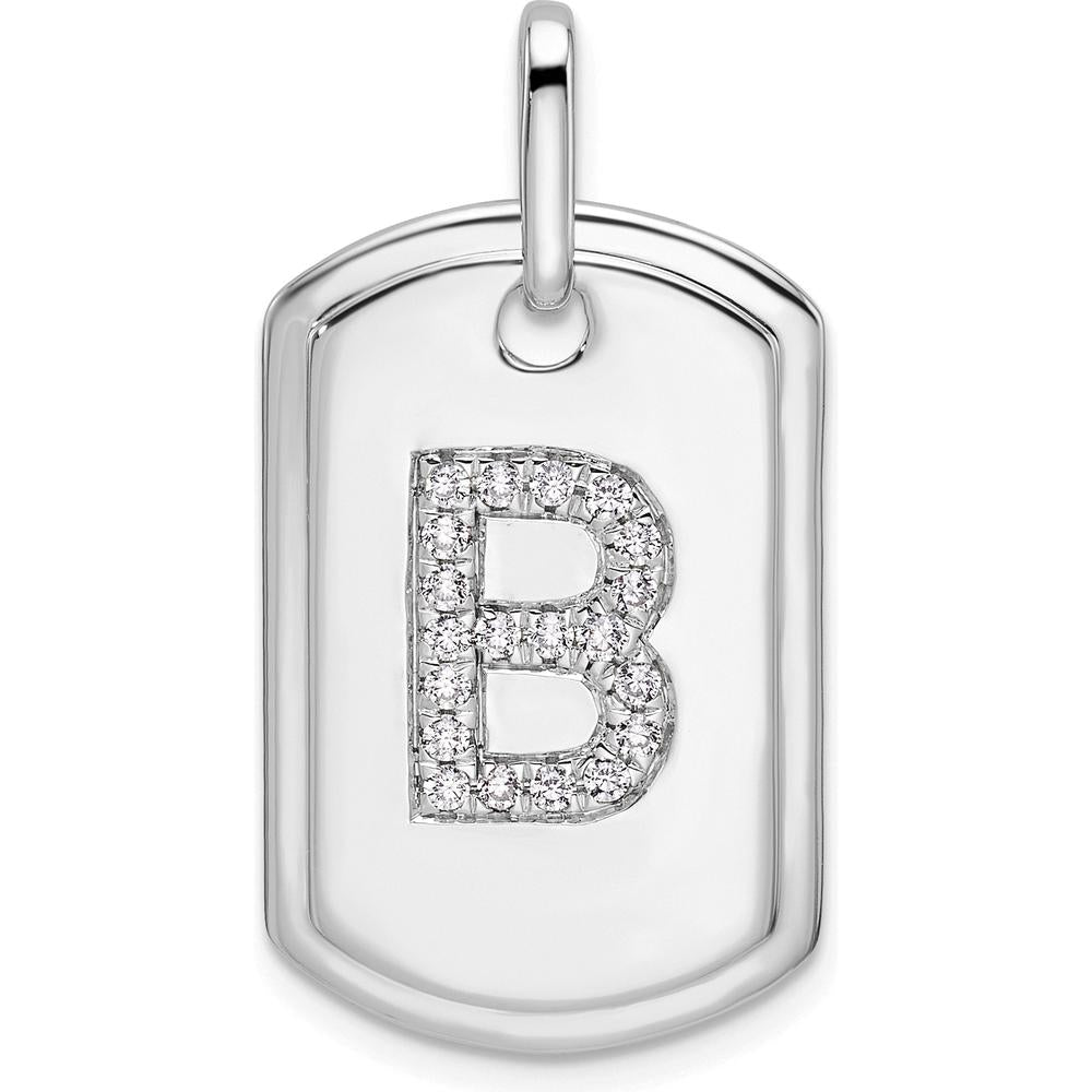 14K White Gold Diamond Initial B Dog Tag Pendant with Rhodium Plating by Oro Pregiato
