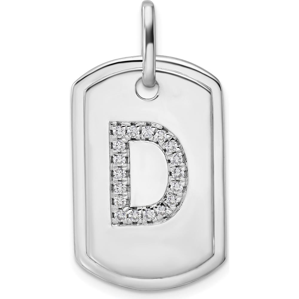 14K White Gold Diamond Initial D Dog Tag Pendant with Rhodium Plating and Brilliant Diamonds by Oro Pregiato