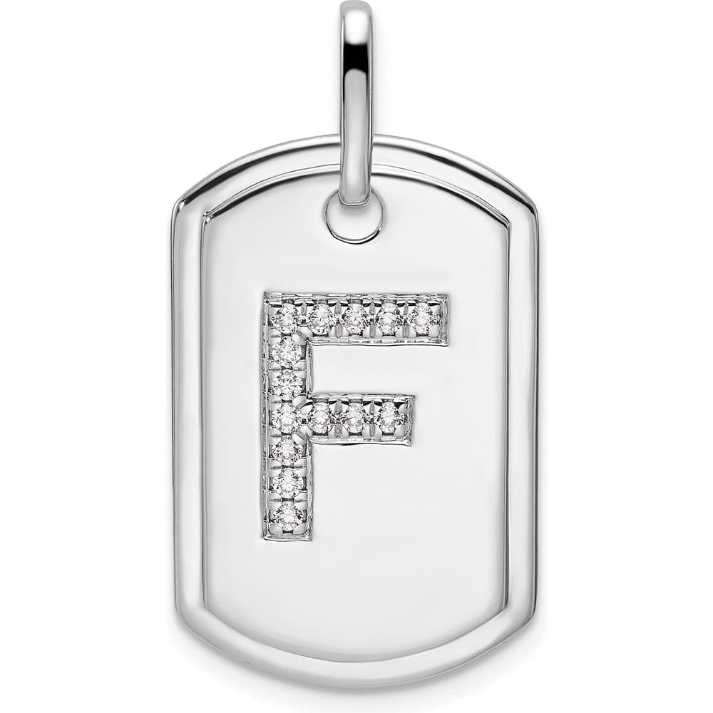14K White Gold Diamond Initial F Dog Tag Charm with Rhodium Plating by Oro Pregiato