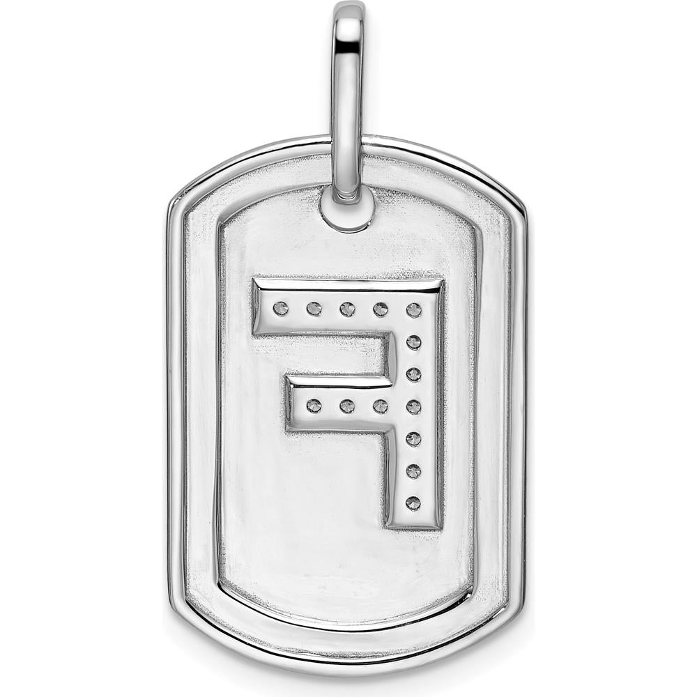 14K White Gold Diamond Initial F Dog Tag Charm with Rhodium Plating by Oro Pregiato